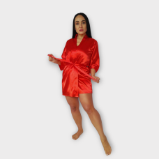 Халат жіночий червоний атласний під пояс довжина 90см, XS/S