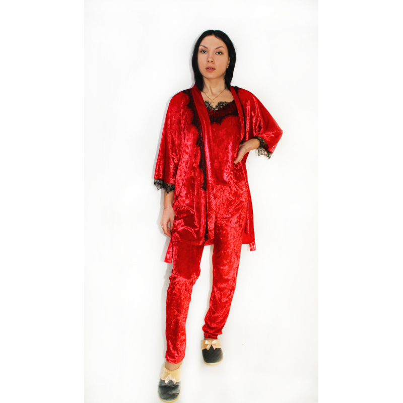 Жіночий домашній костюм, майка + штани з халатиком із мармурового велюру. Червоний, L