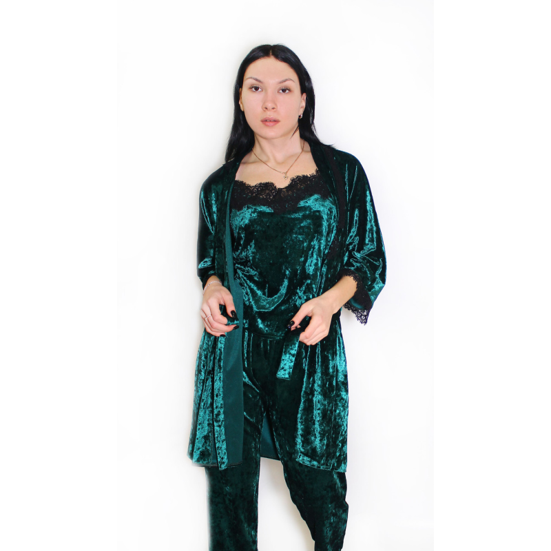 Жіночий домашній костюм, майка + штани з халатиком із мармурового велюру. Зелений, M