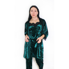 Жіночий домашній костюм, майка + штани з халатиком із мармурового велюру. Зелений, L