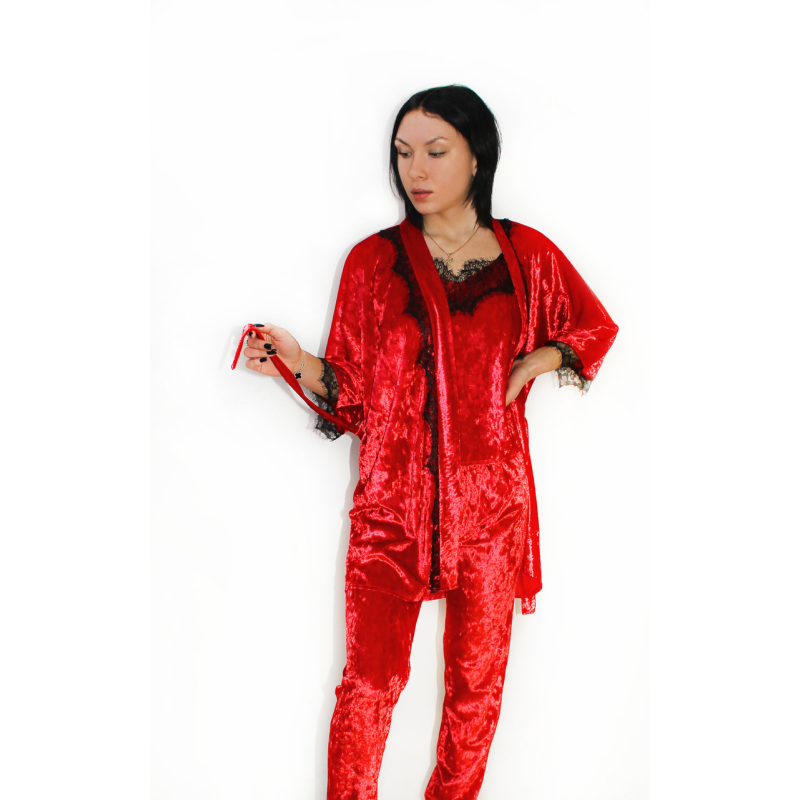 Жіночий домашній костюм, майка+штани з халатиком з мармурового велюру. Червоний