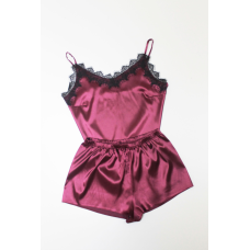 Піжама жіноча атласна з мереживом майка+шорти, бордо XS/S
