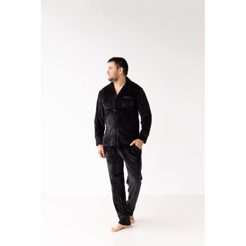 Піжама чоловіча велюрова на ґудзиках Чорний, M Піжама чоловіча велюрова на ґудзиках Чорний, M