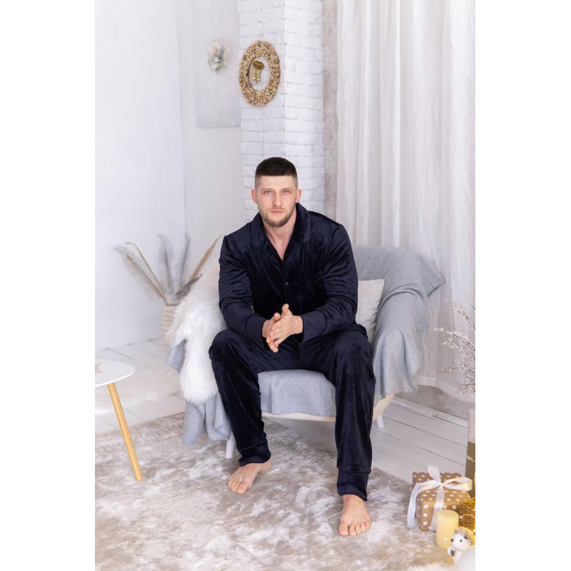 Піжама чоловіча велюрова на ґудзиках Синій, S