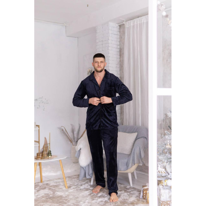 Піжама чоловіча велюрова на ґудзиках Синій, L