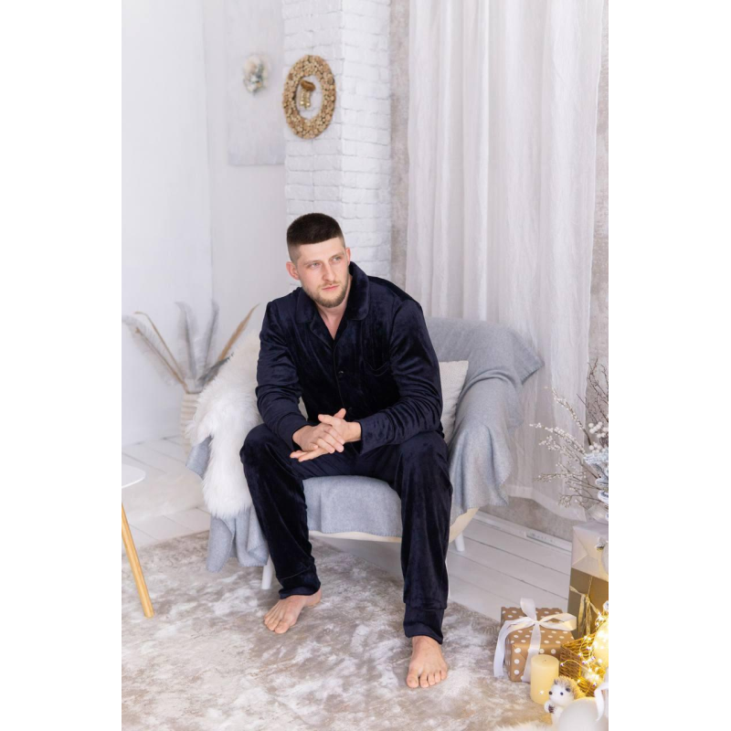 Піжама чоловіча велюрова на ґудзиках Синій, XXL