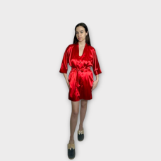 Халат жіночий атласний під пояс довжина 90см червоний, XS / S