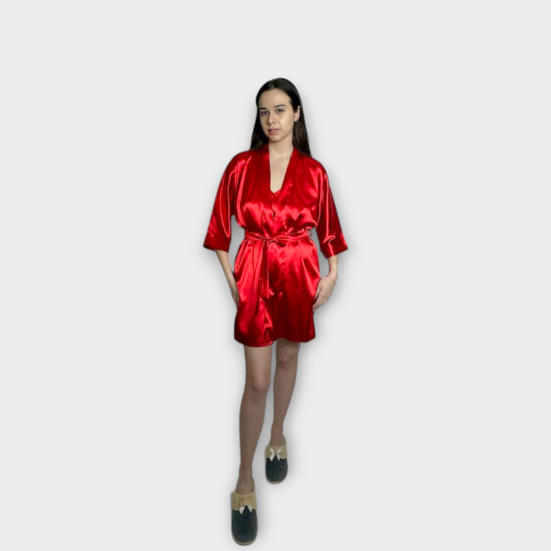 Халат жіночий атласний під пояс довжина 90см червоний, XS / S Халат жіночий атласний під пояс довжина 90см червоний, XS / S