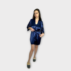 Халат жіночий атласний під пояс довжина 90см темно-синій, XS/S
