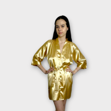 Халат жіночий атласний під пояс довжина 90см Золото, XS/S