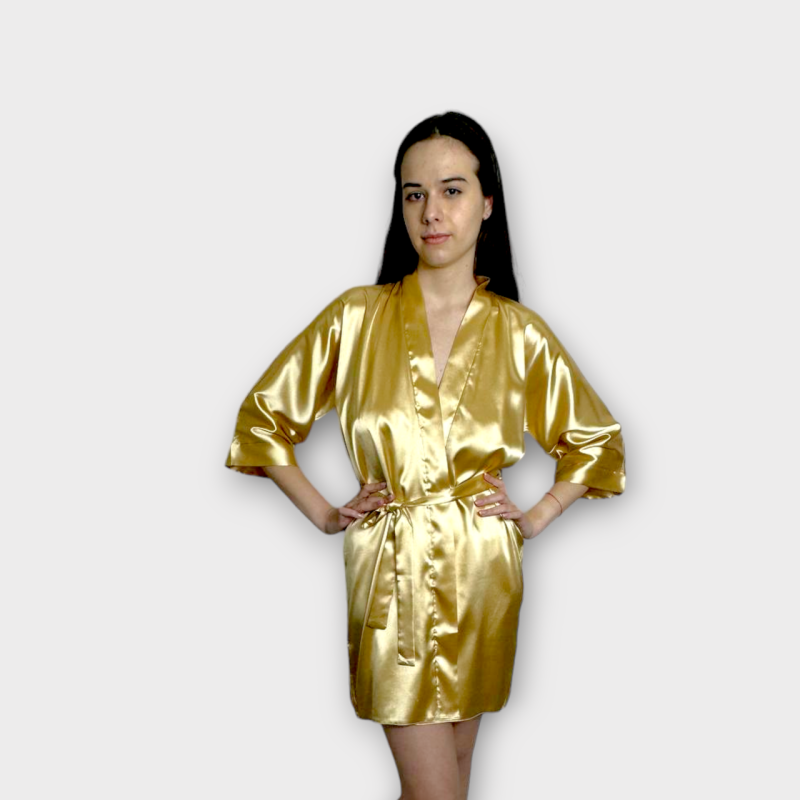 Халат жіночий атласний під пояс довжина 90см Золото, XS/S Халат жіночий атласний під пояс довжина 90см Золото, XS/S