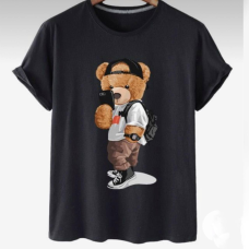 Футболка жіноча турецький трикотаж 3D-накат Чорний, Ведмедик Селфі