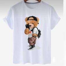 Футболка жіноча турецький трикотаж 3D накат Білий, Ведмедик Селфі
