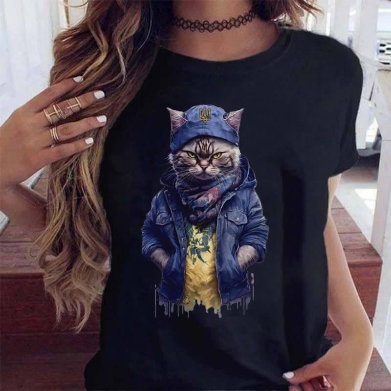 Футболка жіноча турецька трикотаж 3D-накат Чорний, Чорний кіт