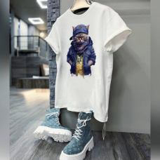 Футболка жіноча турецький трикотаж 3D накат Білий, Кіт