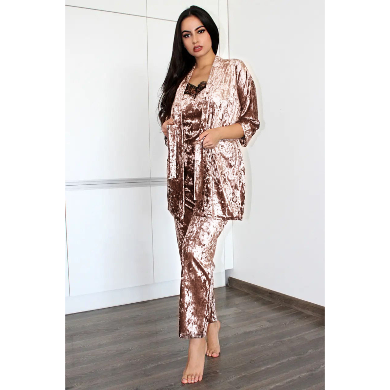 Жіночий домашній костюм, майка+штани з халатиком з мармурового велюру. Батал 2XL , Бежевий