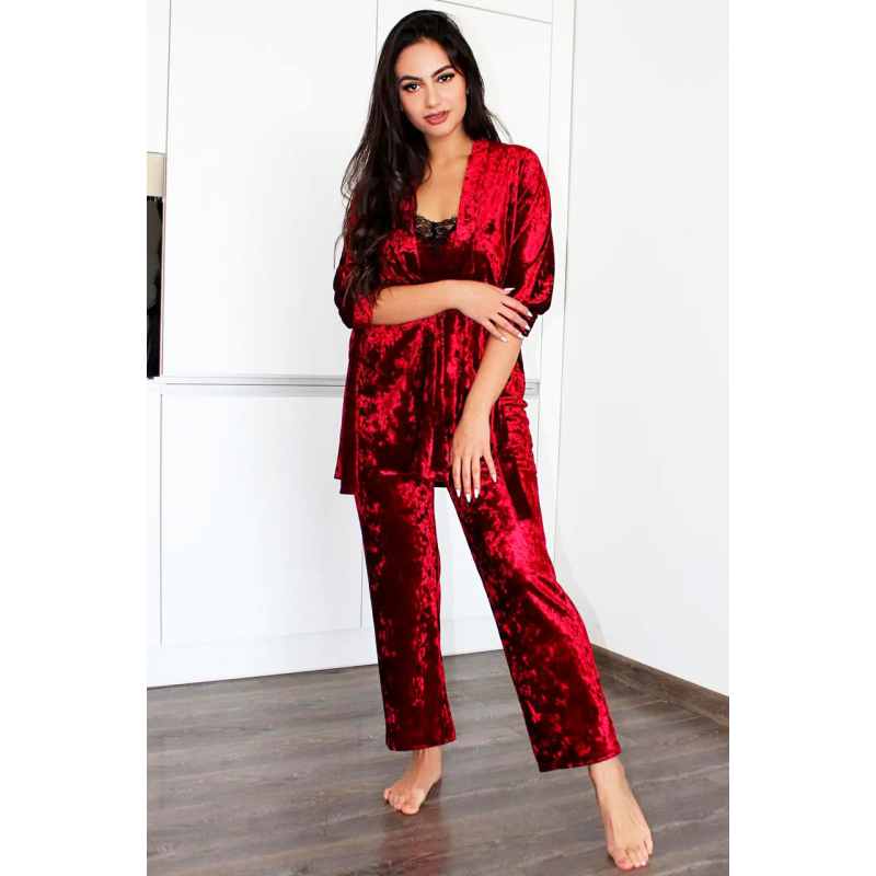 Жіночий домашній костюм, майка+штани з халатиком з мармурового велюру. Батал 3XL, Червоний