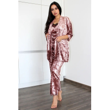 Жіночий домашній костюм, майка+штани з халатиком з мармурового велюру. Батал 3XL, Пудра