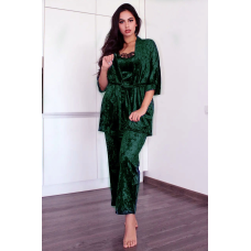 Жіночий домашній костюм, майка+штани з халатиком з мармурового велюру. Батал 4XL, Зелений