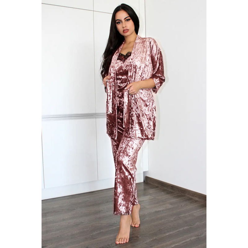 Жіночий домашній костюм, майка+штани з халатиком з мармурового велюру. Батал 4XL, Пудра