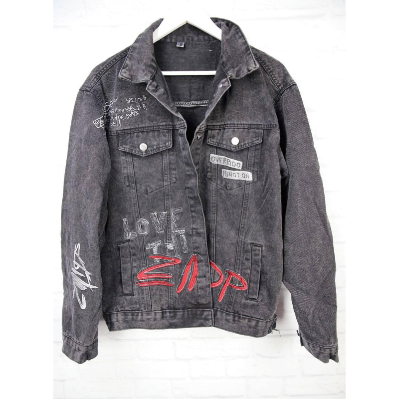 Джинсова куртка жіноча оверсайз із написом, р.42-48 Сірий