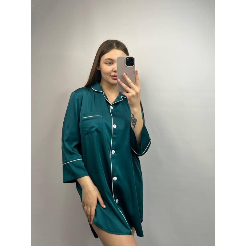 Жіноча нічна сорочка подовжена шовкова. Бірюзовий, XL