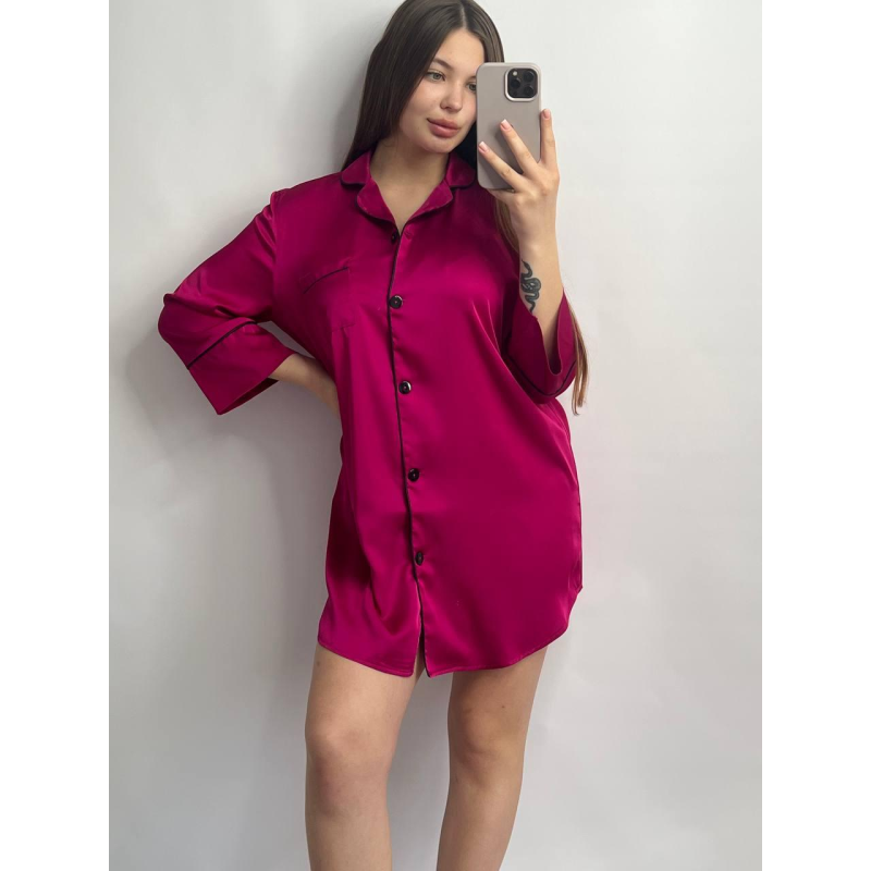 Жіноча нічна сорочка подовжена шовкова. Малиновий, S