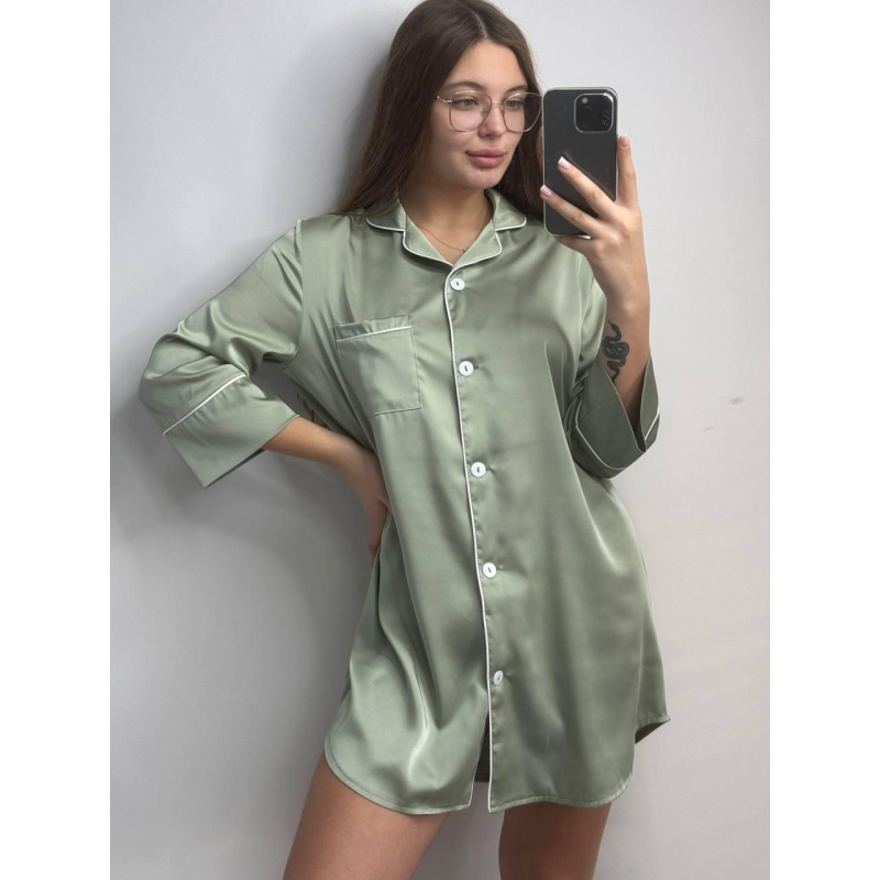 Жіноча нічна сорочка подовжена шовкова. Олива, XL