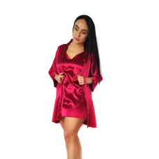 Жіноча атласна нічна сорочка з халатом бордо S