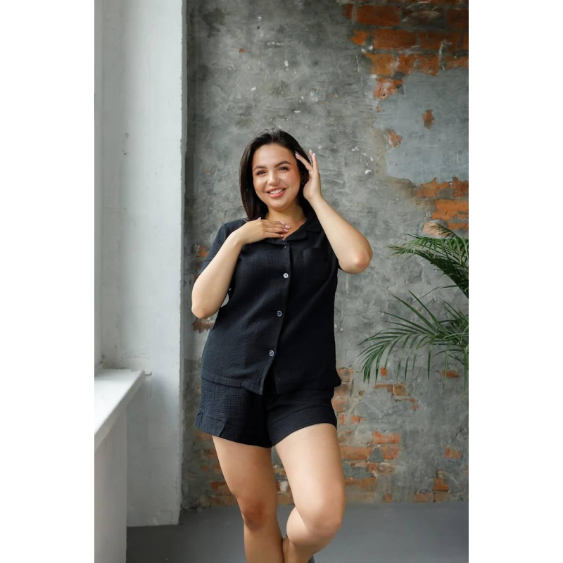 Піжама жіноча шорти та сорочка муслінова чорна XL