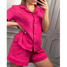 Піжама жіноча шорти та сорочка муслінова малинова L