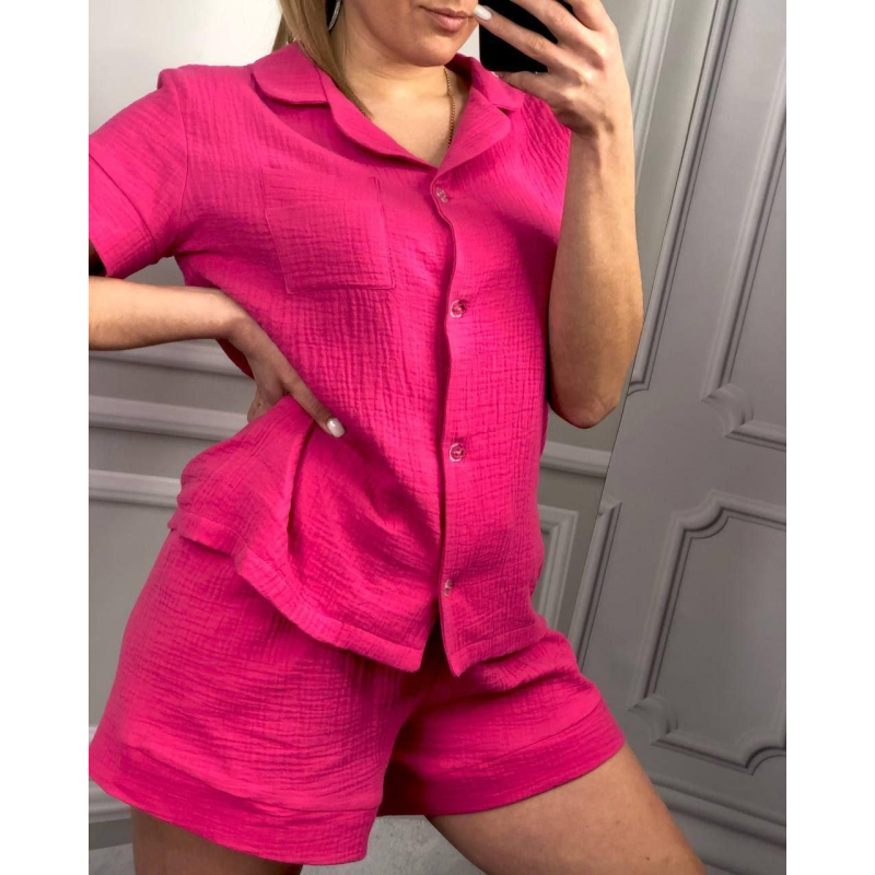 Піжама жіноча шорти та сорочка муслінова малинова XL
