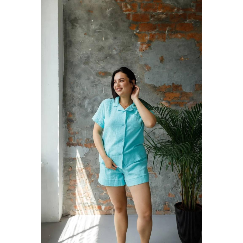 Піжама жіноча шорти та сорочка муслінова бірюзова XL