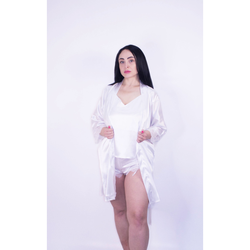 Комплект піжама з халатом, з мереживом, білий Білий, XL Комплект піжама з халатом, з мереживом, білий Білий, XL