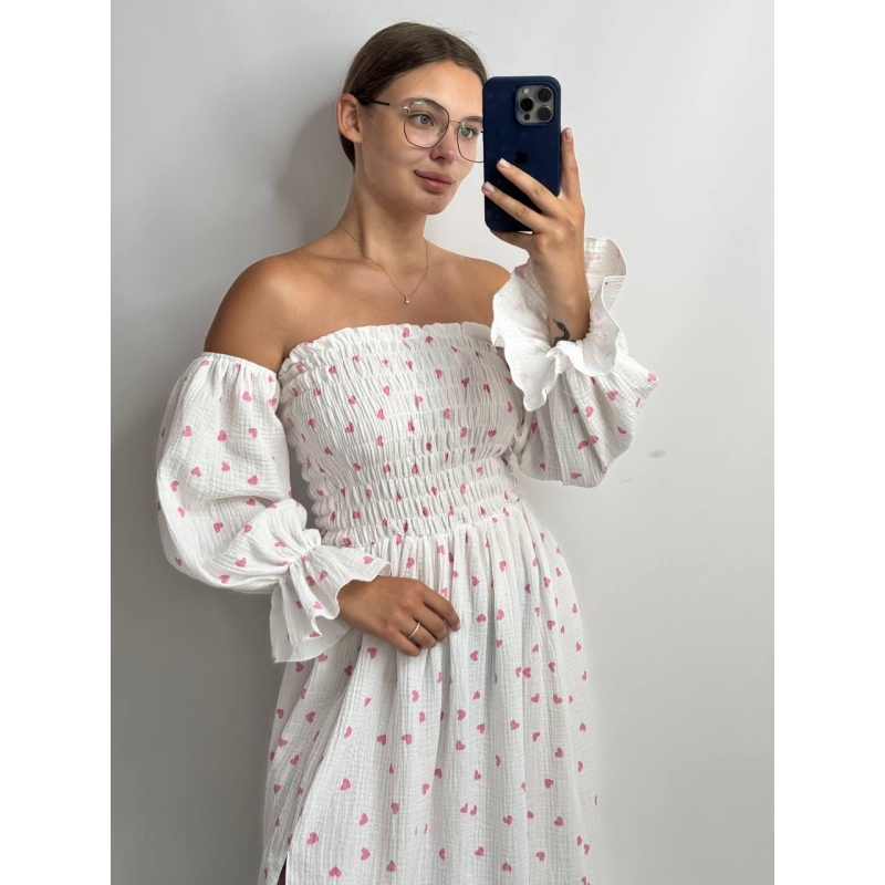 Жіноче літнє міді плаття муслін Рожеві серця, M-L