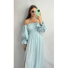 Жіноче літнє міді плаття муслін Блакитне, гілочки, M-L