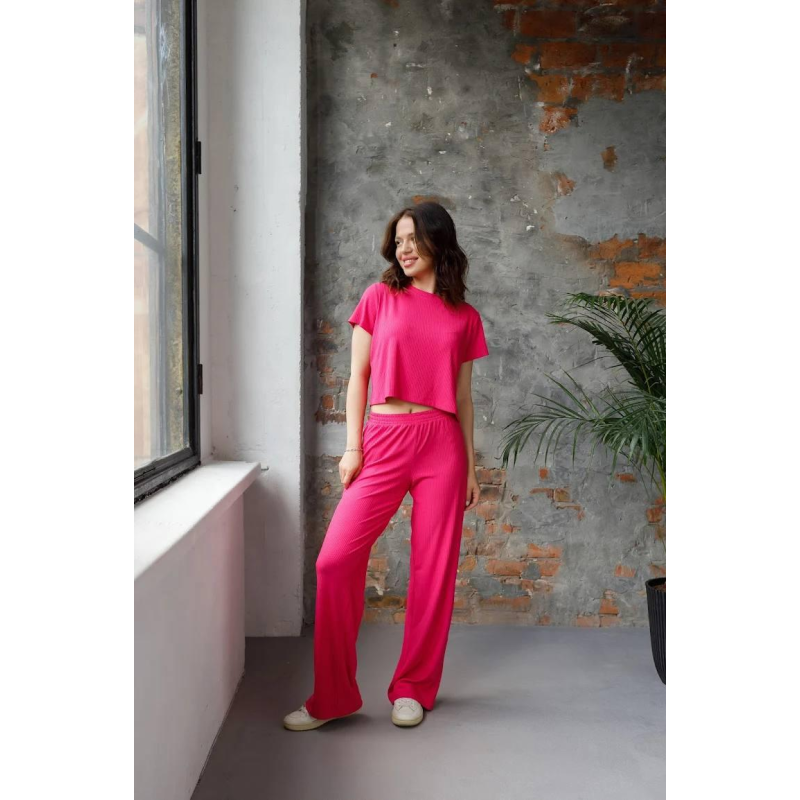 Жіночий легкий костюм у рубчик зі штанами Малиновий, XS-S