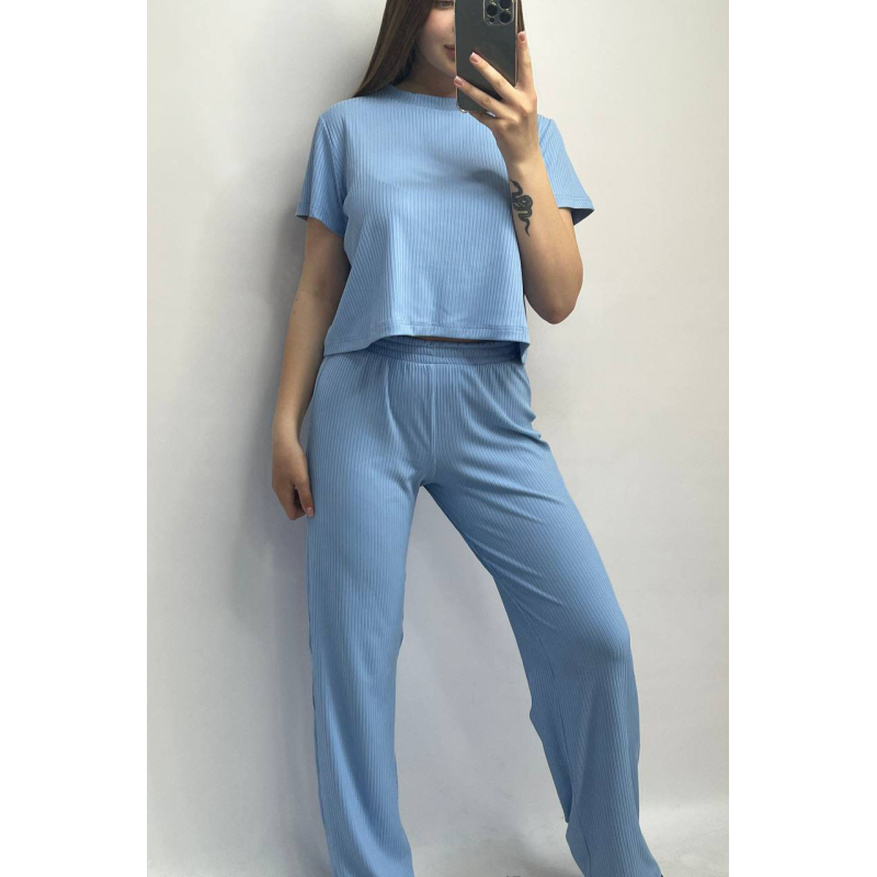 Жіночий легкий костюм у рубчик зі штанами Блакитний, M-L