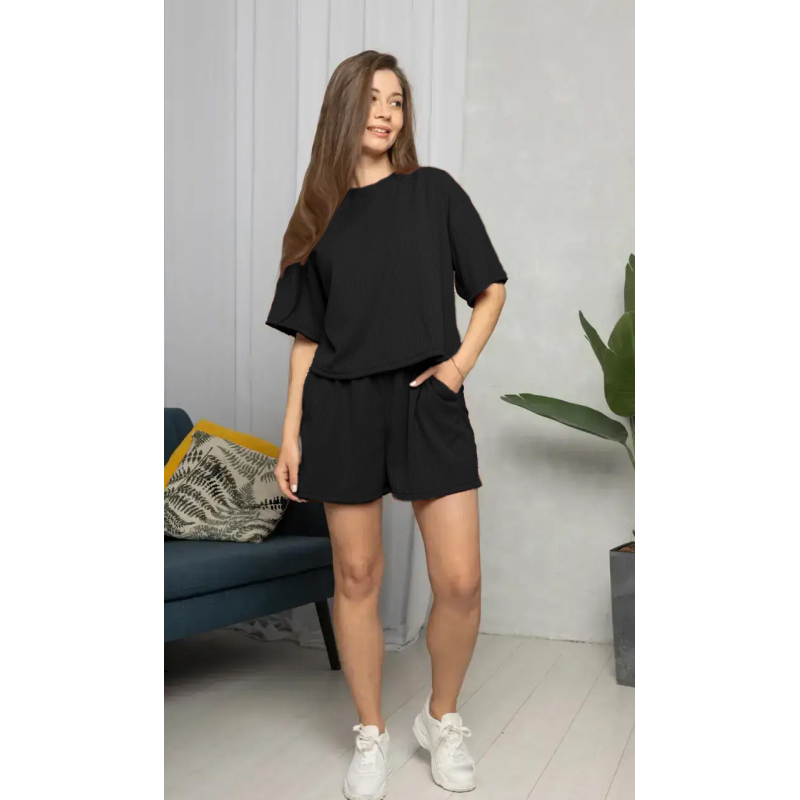 Стильний легкий костюм у рубчик Чорний, 42/44