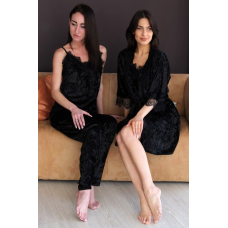 Піжама жіноча велюрова 5 в1 з халатом M, Чорний