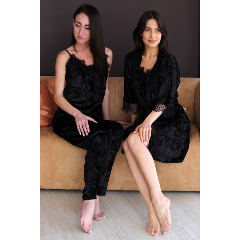Піжама жіноча велюрова 5 в1 з халатом 2XL, Чорний