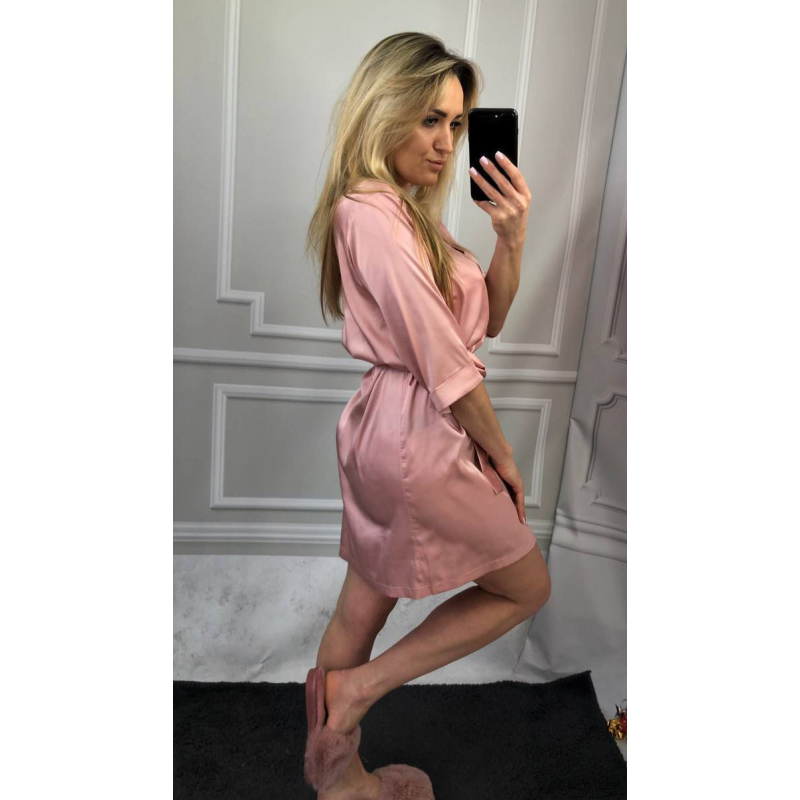 Халат жіночий шовковий під пояс Пудра, M