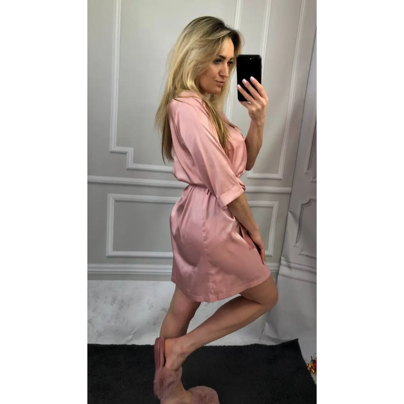 Халат жіночий шовковий під пояс Пудровий, L