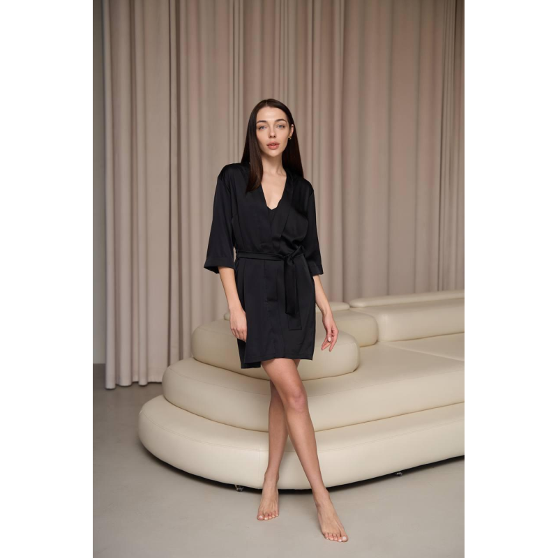 Халат жіночий шовковий під пояс Чорний, L