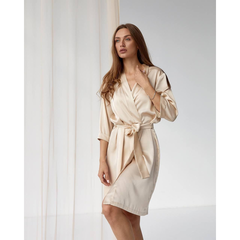 Халат жіночий шовковий під пояс Молочний, L