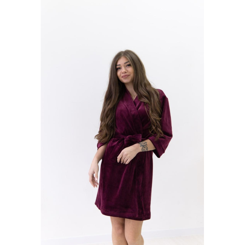 Халат жіночий плюш велюр під пояс Бордо, S