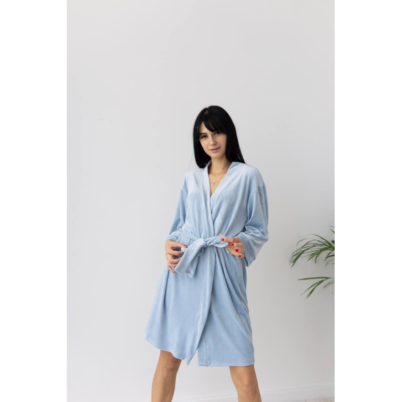 Халат жіночий плюш велюр під пояс Блакитний, S Халат жіночий плюш велюр під пояс Блакитний, S