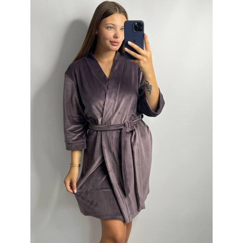 Халат жіночий плюш велюр під пояс Темний-шоколад, L