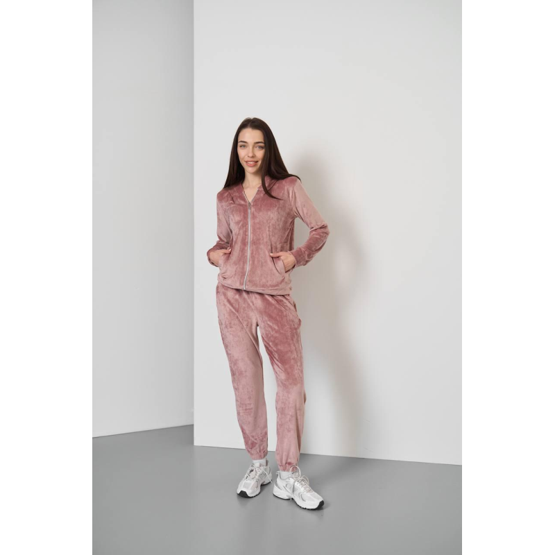 Жіночий велюровий костюм на замку з капюшоном, рожевий S