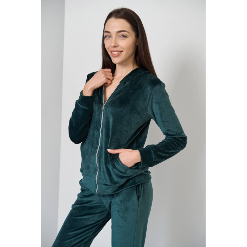 Жіночий велюровий костюм на змійці з капюшоном Смарагдовий, L